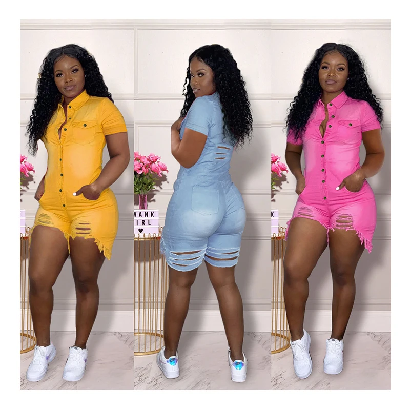 
QC 224 New summer 2021 plus size jeans sexy hollow out wholesale jumpsuits and rompers women solid short denim jumpsuit 