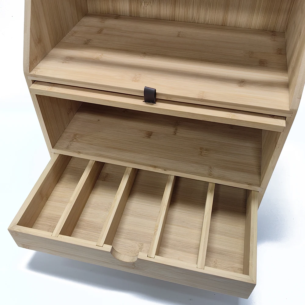 Creative Design Large Layers Bamboo Corner Bread Box with Clear Window K Cup Holders (Utensil Holder) and Bread Board