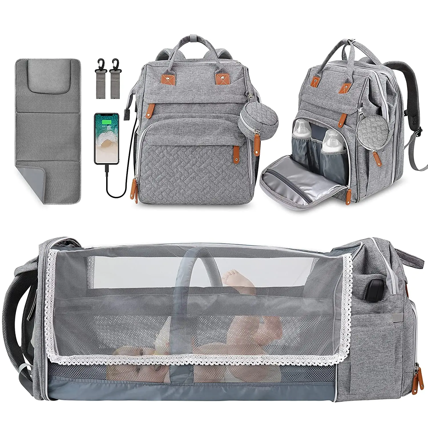 
2021 Mummy Custom Travel Usb Nappy Wet Bags Waterproof refill Baby Bed Mom Diaper Bag Backpack With Changing Station 