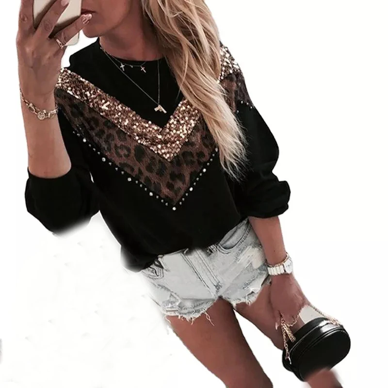 Women Jumper Plus Size Long Sleeve Leopard Sequins Pullover Casual Tops Sweater