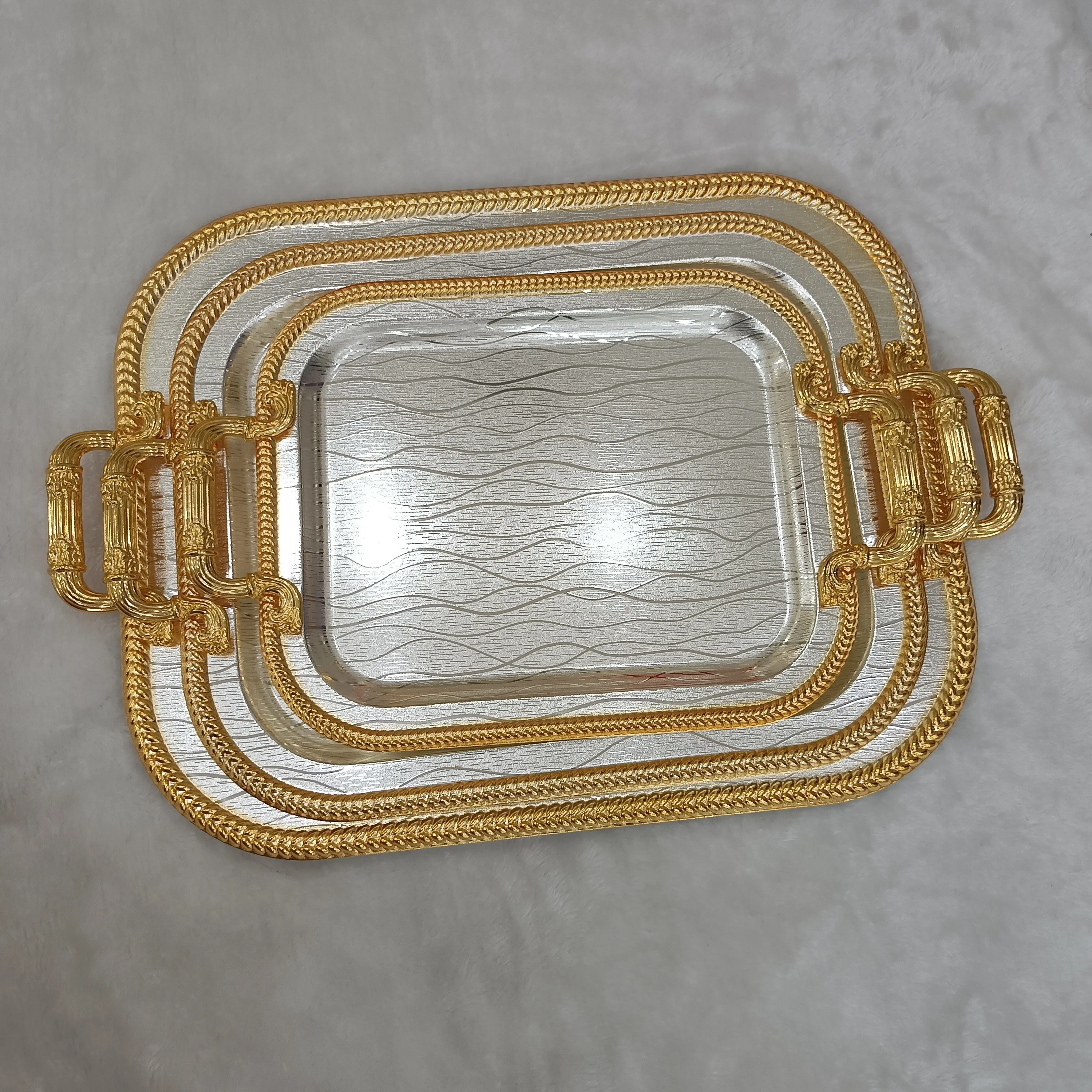 2024 Ramada Oval 3pcs Stainless Steel Metal Plateau Tray Set Tea Serving Arabic Middle East Mirror Gold Trays Set