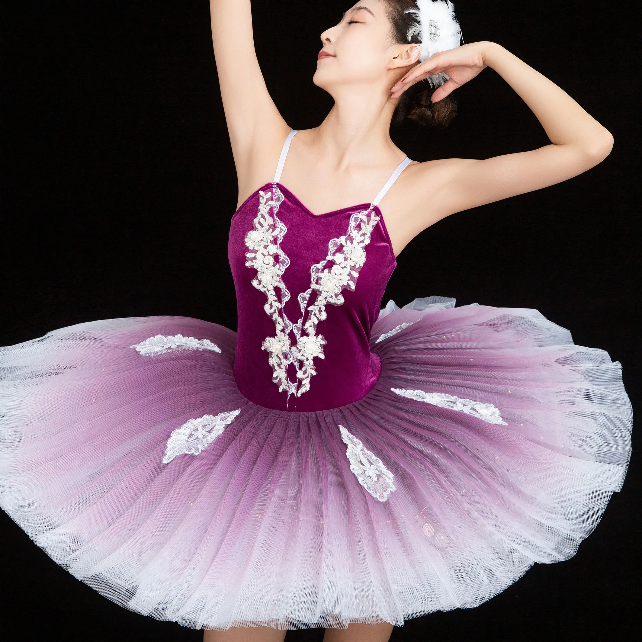 Swan Lake Ballet Dress purple Fluffy stage performance Dance Costume Embroidery  applique Tutu Dresses Training Dancewear