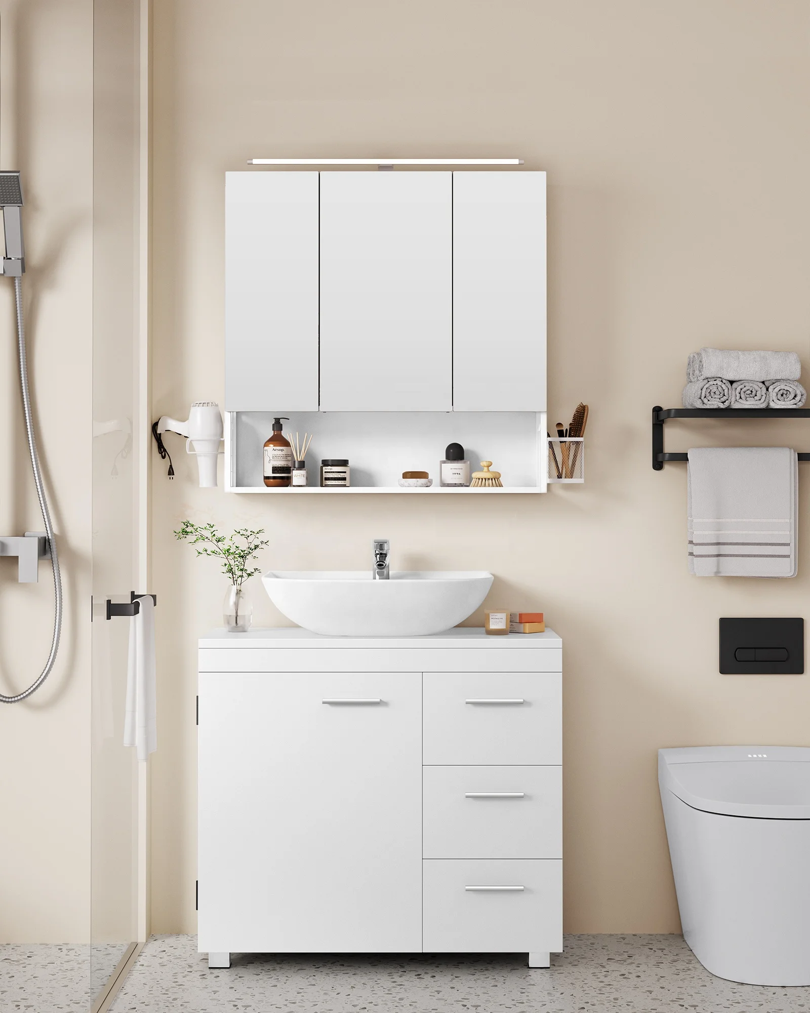 VASAGLE Storage Cabinet with 3 Drawers 2 Compartments for Washbasins Under Sink Bathroom Cabinet with Feet