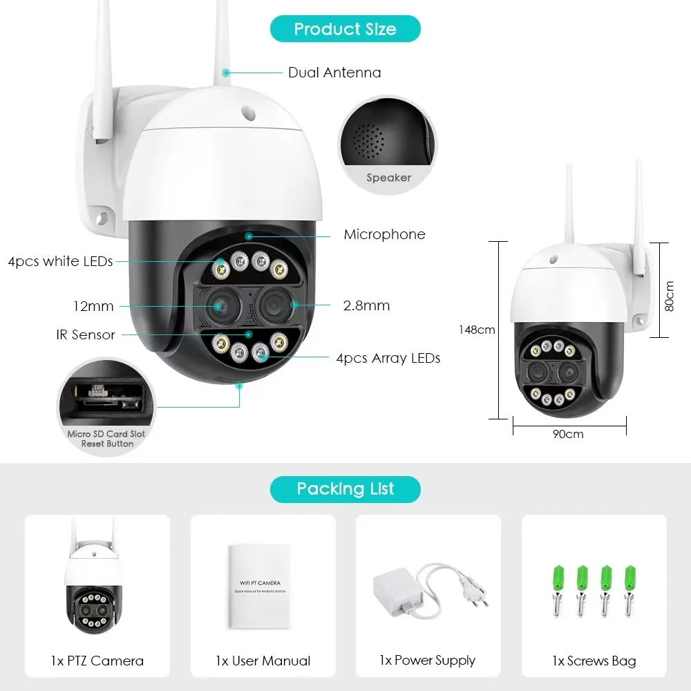 Human Tracking 8X Hybrid Zoom 4K WiFi Outdoor Ptz Camera Dual Lens iCSee 8MP Waterproof Wireless Security Network CCTV IP Camera