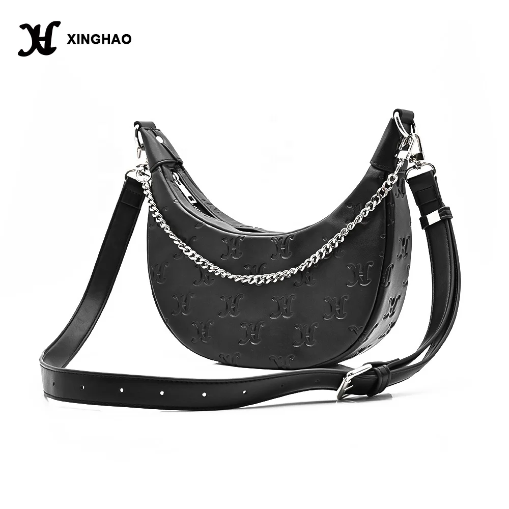 Factory Custom Woman Handbag High Quality Black Vegan Leather Bag Fashion Design Half-moon Hobo Bag with Full Emboss Logo
