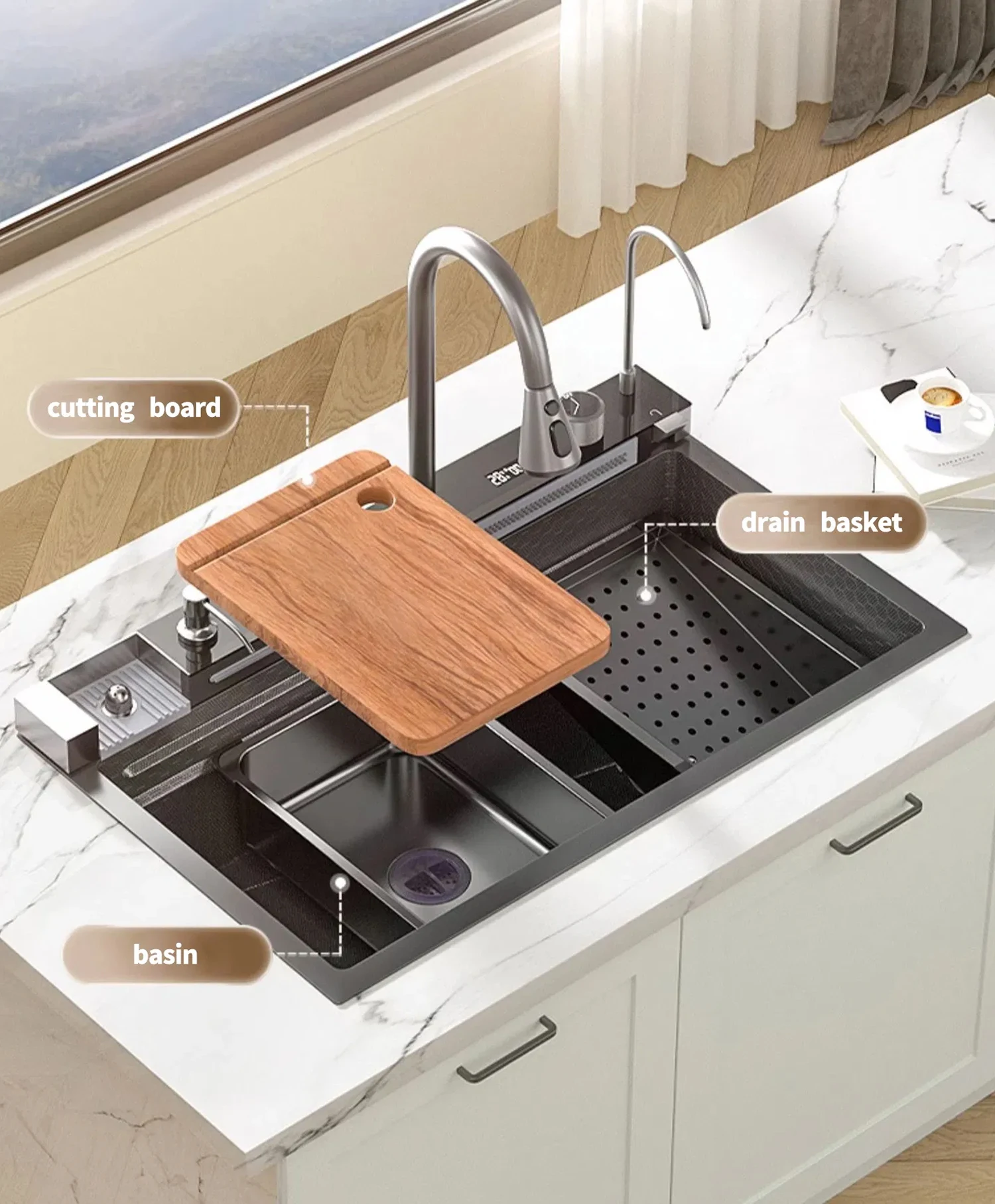 LED Digital Display Waterfall Black Stainless Steel Smart Sink Kitchen Single Slot Multifunction Kitchen Sink Cup Washer