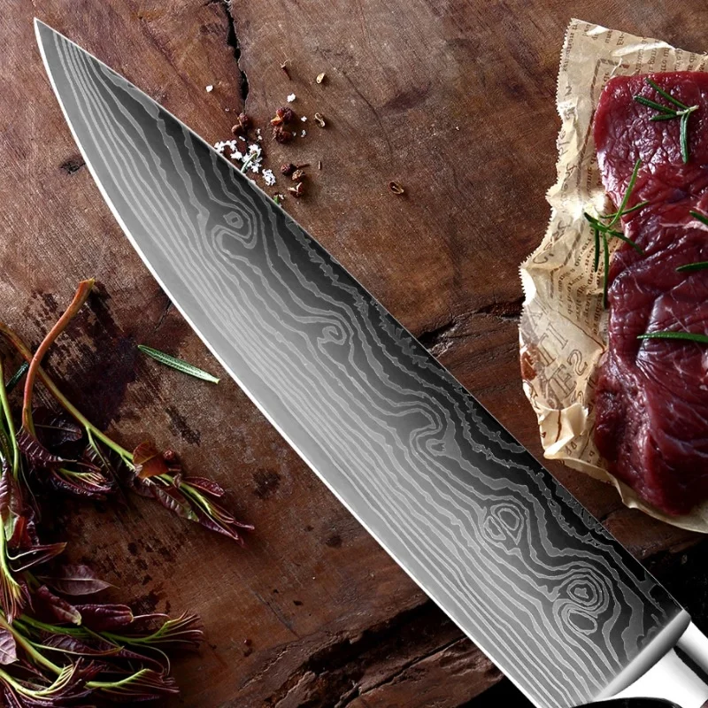 Amazon Best Product 8 Pieces Handmade Forged Damascus Steel Knife 8 Inch Damascus Steel Laser Pattern Kitchen Chef Knife Set