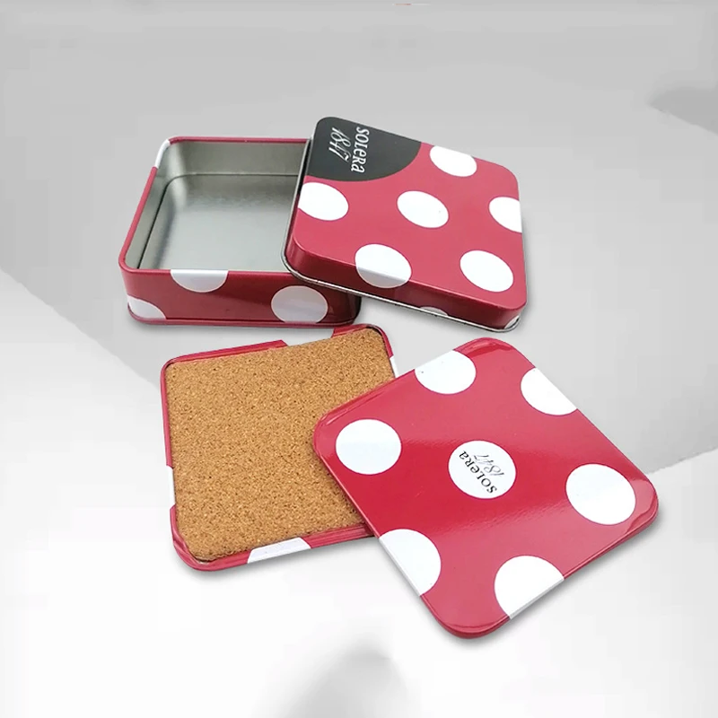 High Quality Custom Designed Square Metal Tin Coasters With Cork On Back 4 Pieces Tin Coaster Gift Sets with Tin Boxes