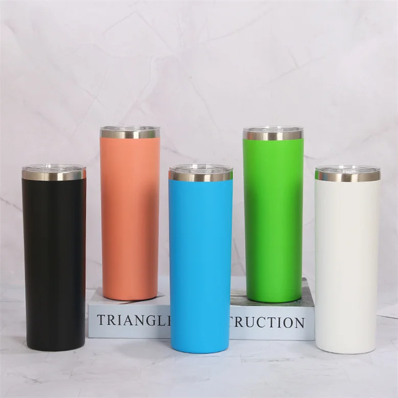 Powder Coated Double Wall 20OZ Slim Tumbler Stainless Steel Skinny Sublimation Blanks Tumbler With Straw