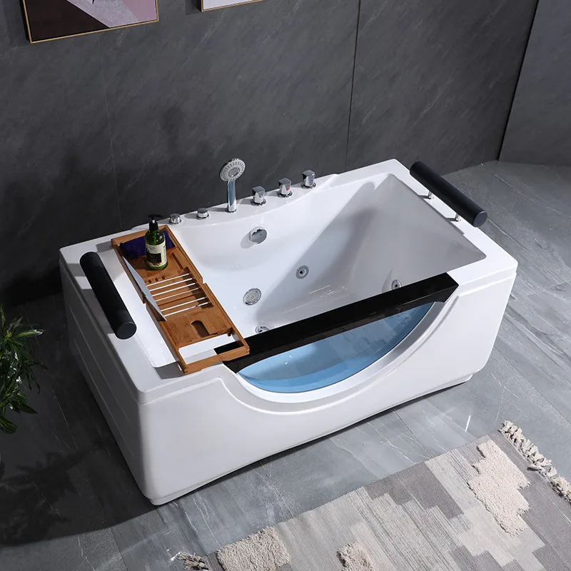 White acrylic modern minimalist tempered glass rectangular spa bathtub massage whirlpool bathtub small unit bathroom