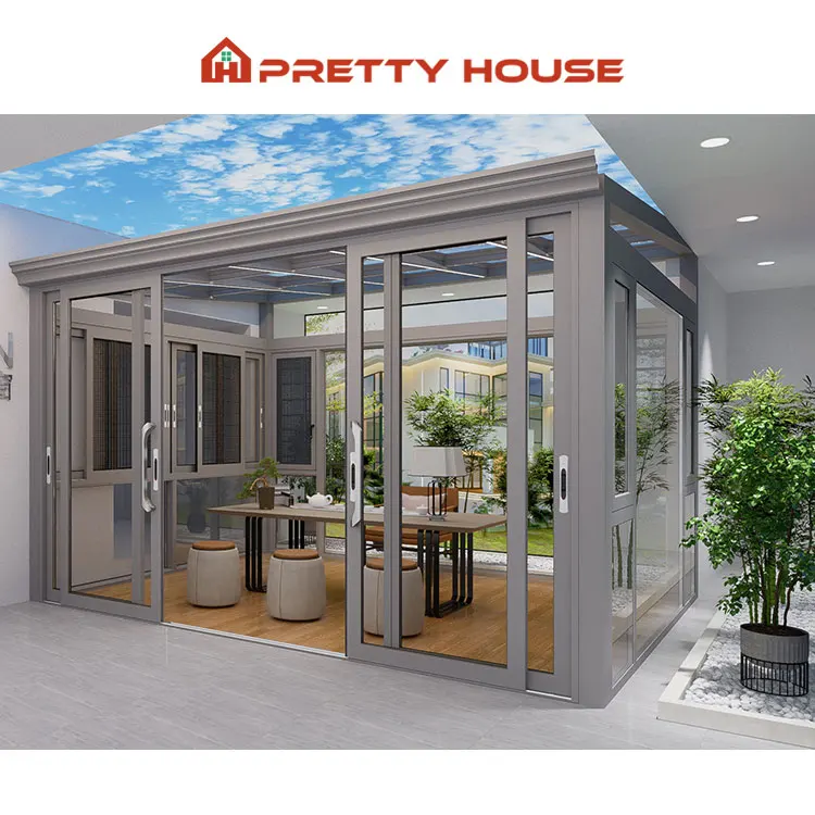 Customized Outdoor Veranda All Season Flat Freestanding Sunrooms Glass Houses Aluminium Slant Sun House