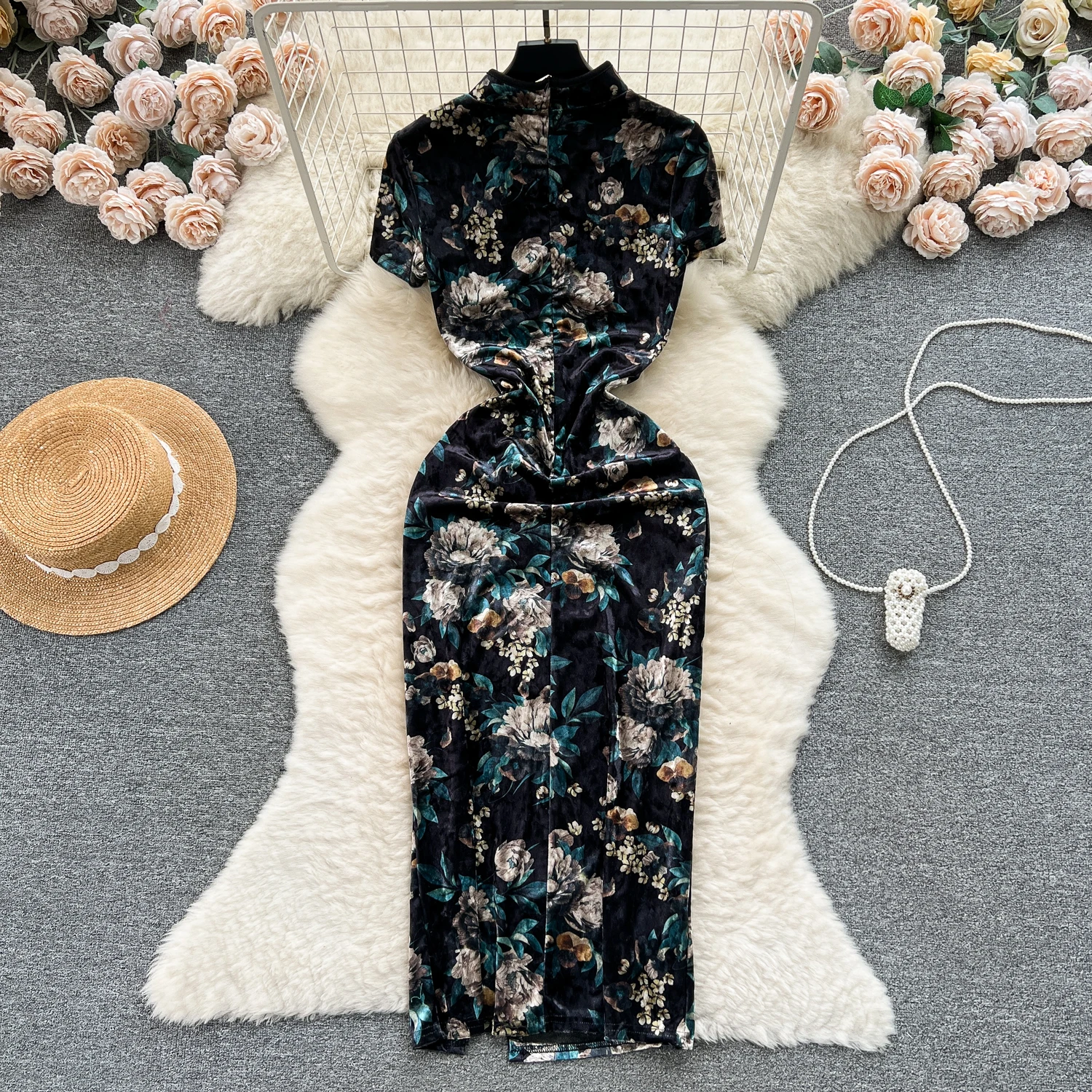 Sexy Mandarin Collar Tunic Slim Hip Midi Dress For Women Empire Printed Lace Dress