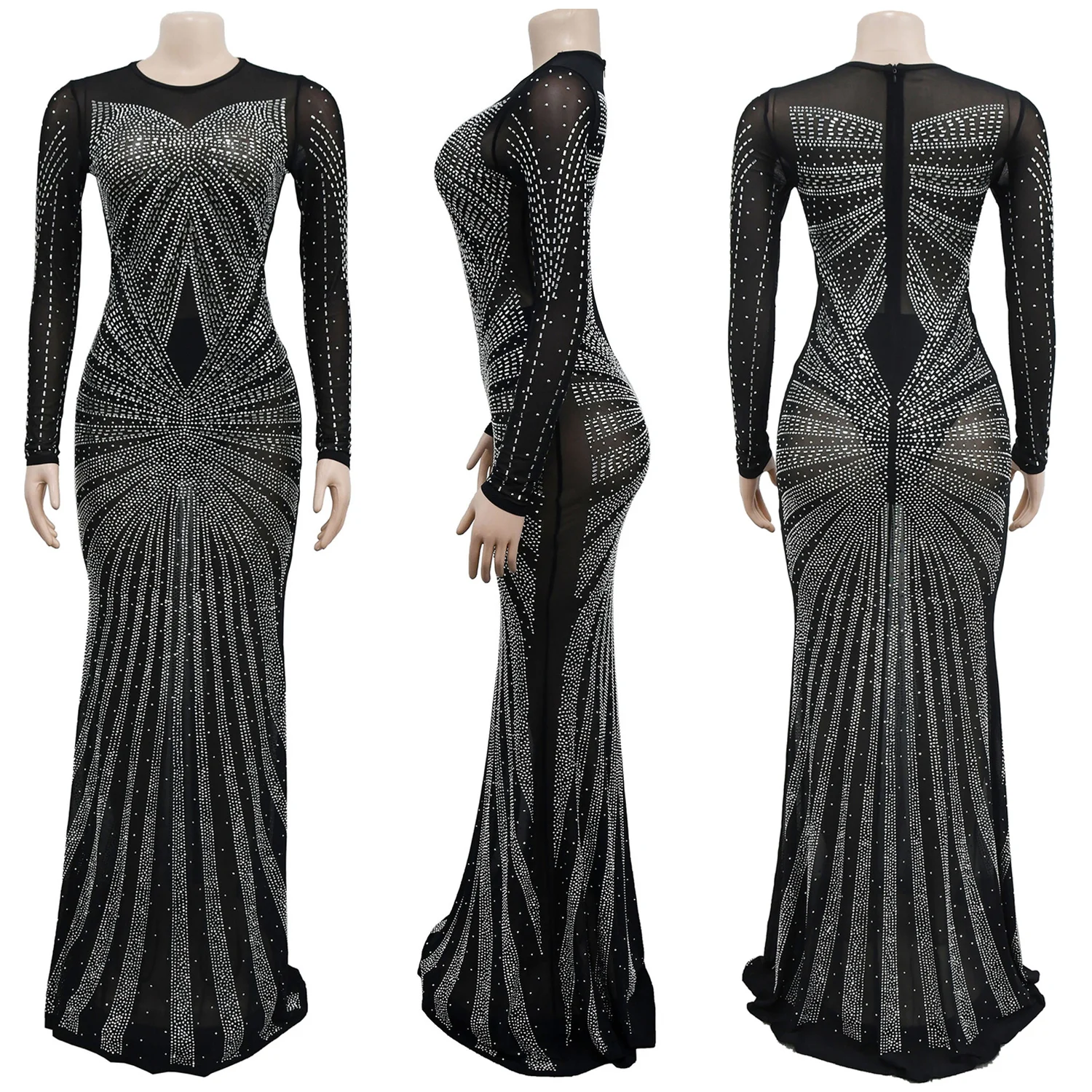 20246198 Maxi Long Mermaid Dress Formal Mesh See Through Ball Gown Evening Party Prom Dresses With Rhinestone