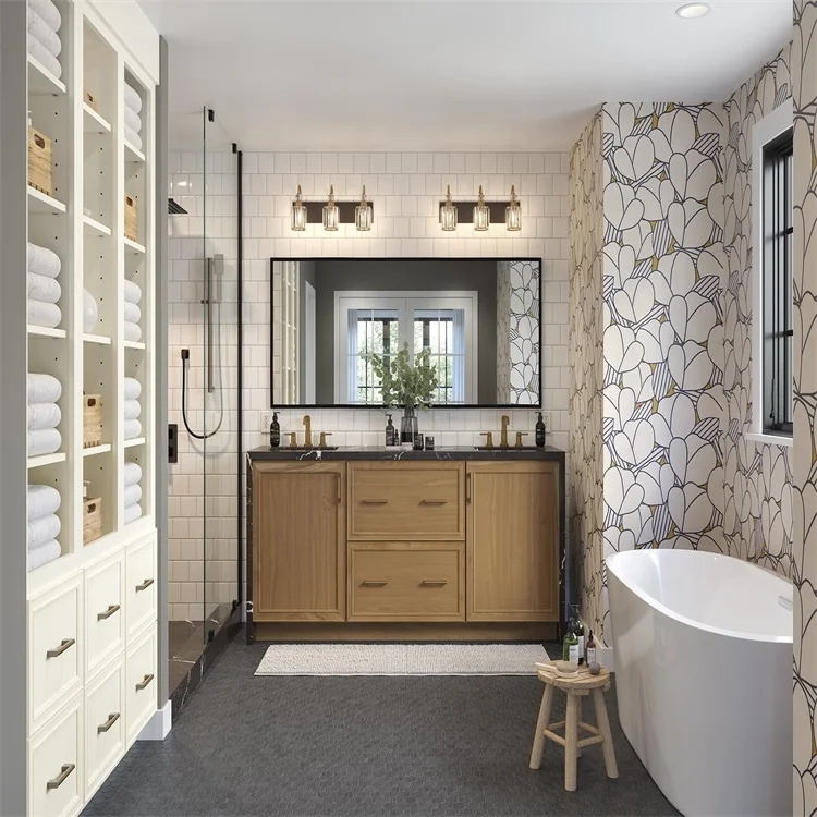 Custom luxury bathroom vanity soft close drawers with integrated ceramic sink for bathroom use