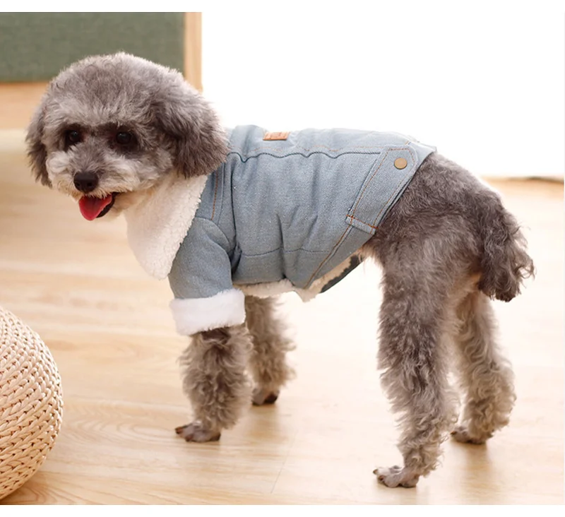Wholesale Fashion Thick Winter Warm Wool Collar  Jeans Dog Coat Pet Denim Jacket