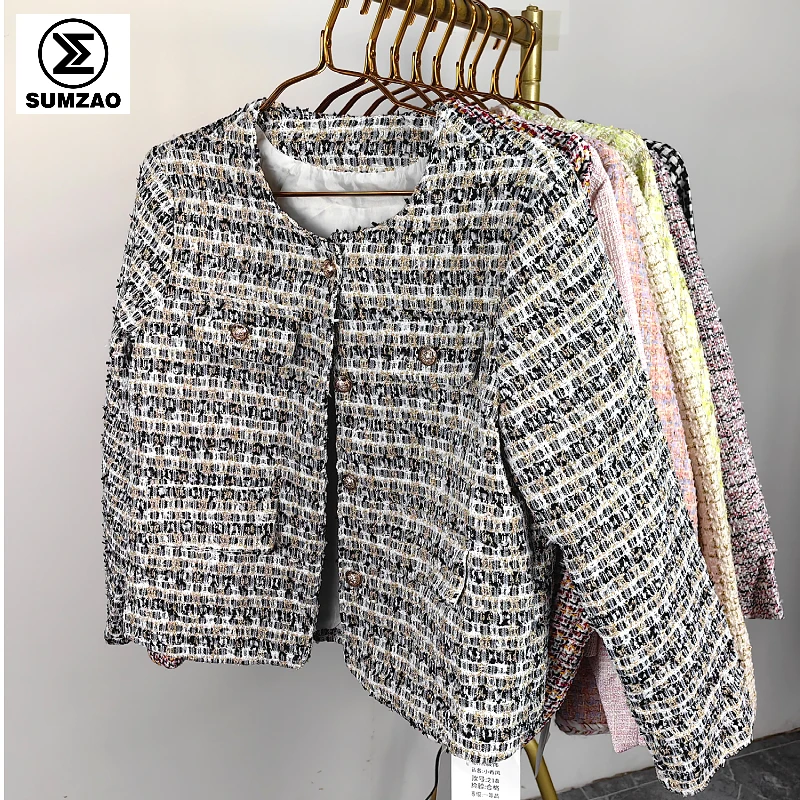 Quality tweed blazer ladies trendy tweed coat  French Vintage Casual Office Wear Apparel stock