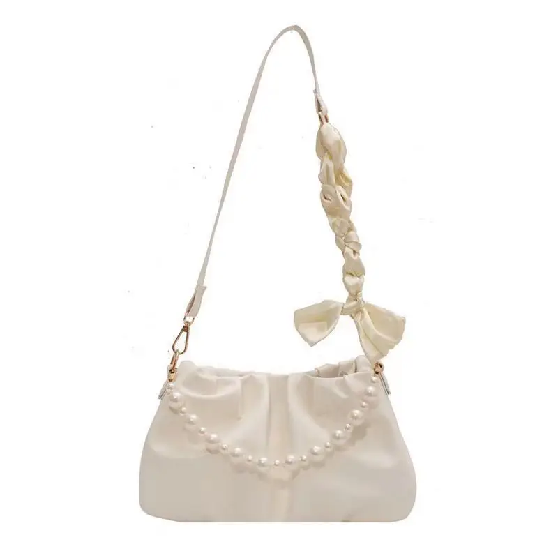 Latest Design Pearl Folded Bow Woven Shoulder Strap Cloud Fashion Underarm Leather Girl Bag