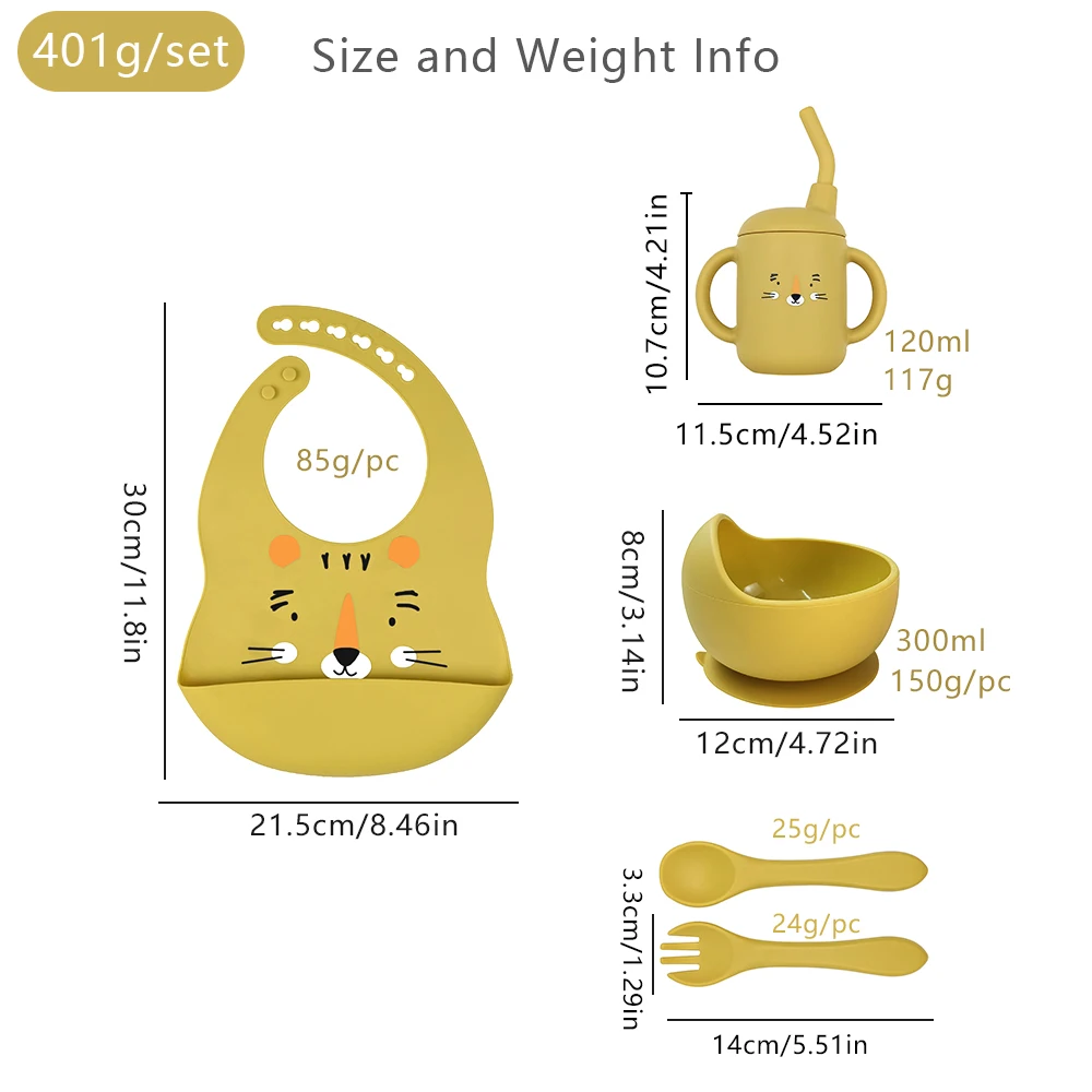RTS Baby Tableware Kit Bebe Silicone Feeding Set Suction Bowl Printed Bib OEM Design Babero Bamboo Cutlery Set With Straw Cup