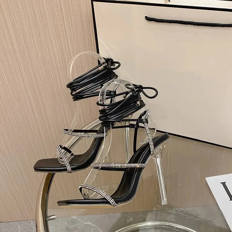 Lace up Ladies New Design Rhinestone Shoes for Women Heels Ladies 2023 Party Wedding Sandals