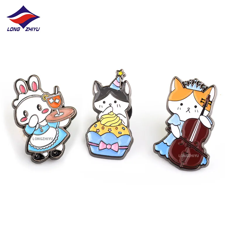 Longzhiyu Custom Cute Rabbit with Drink Soft Enamel Pin Badges Corgi Cake with Hat Cartoon Party Animal with Cello Enamel Pins