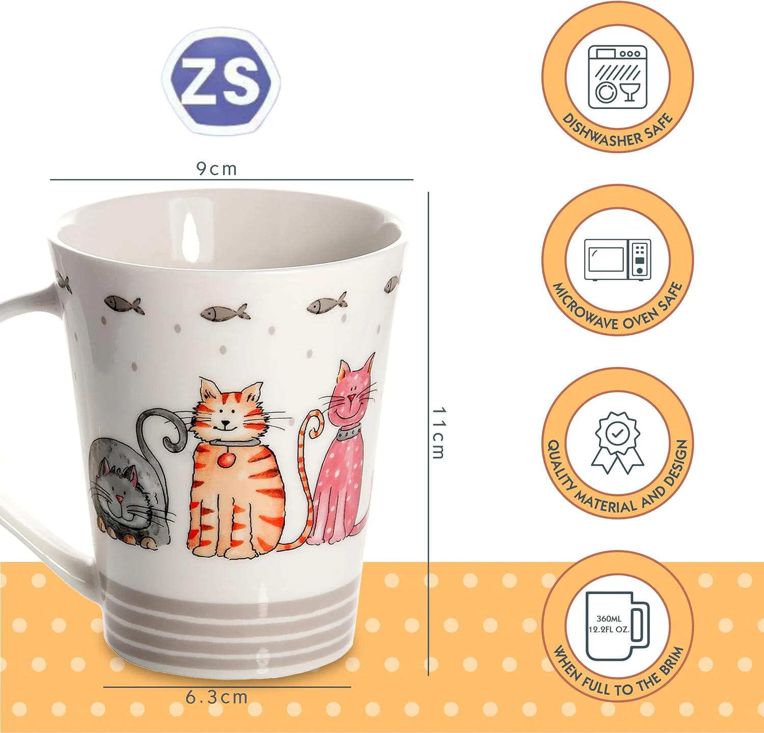 ZS 360ml Set of 4 Cute Happy CAT Themed Ceramic Porcelain Tea Coffee Cups Gifts for Cat Lovers and Animal Lovers Women Men Kids
