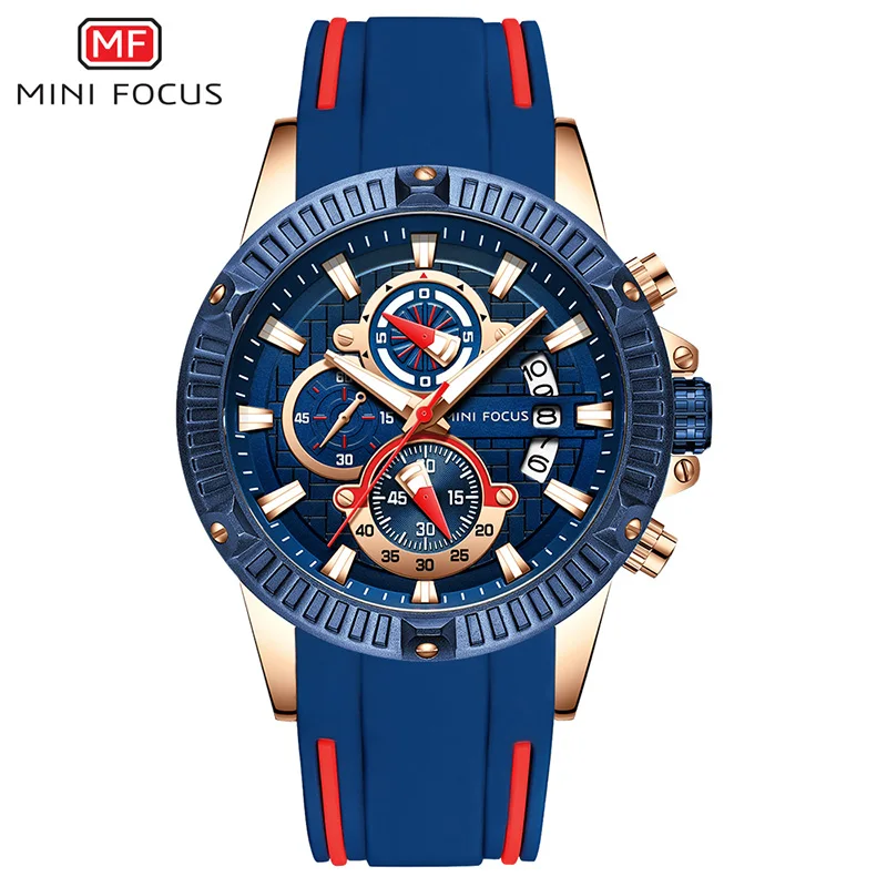
hot sale Mini focus 0244 quartz chrono sport watch blue silicon strap sport quartz analog water resistant watch 