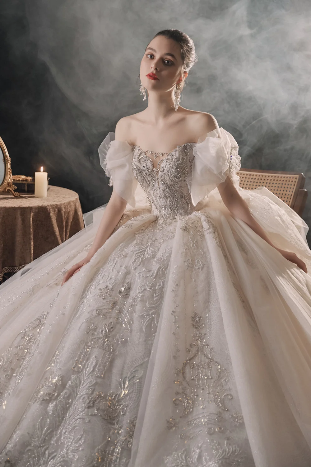 White luxury weeding dress collection 2022 sparkly tulle bow sleeves robe de mariage arab reception dress for bride