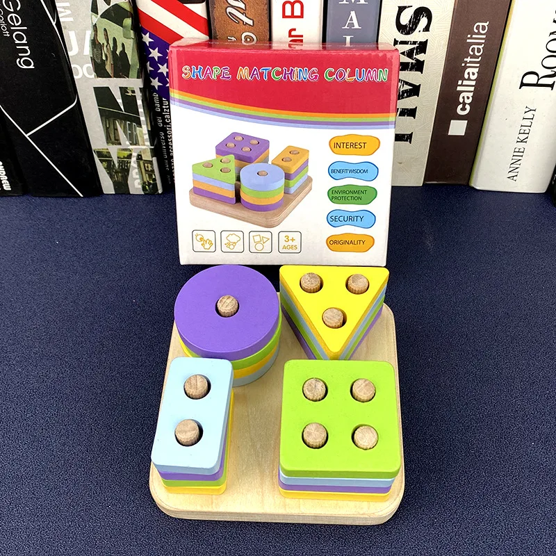 Factory Price Toddler Wooden Blocks Toy Geometric Shape Matching Column Kids Wooden Montessori Educational Toy