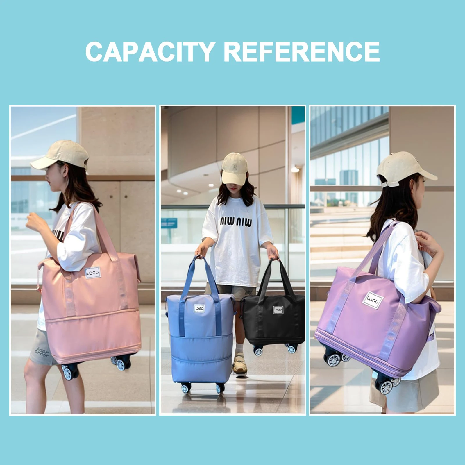 Custom Waterproof women foldable duffle bag Luggage Weekender Expandable sports Gym Travel Fitness Bag with wheels trolley