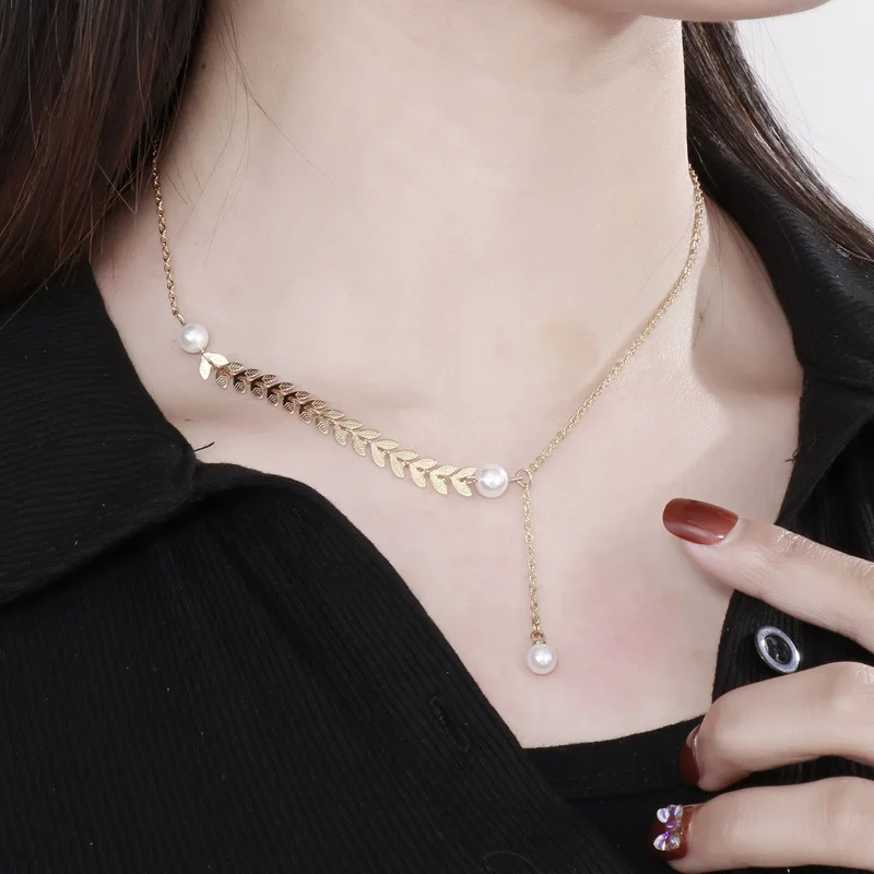 Kalen Collarbone Chain Trendy Ear Of Wheat Necklaces Wholesale Stainless Steel Jewelry Pearl Pendant Necklace For Women