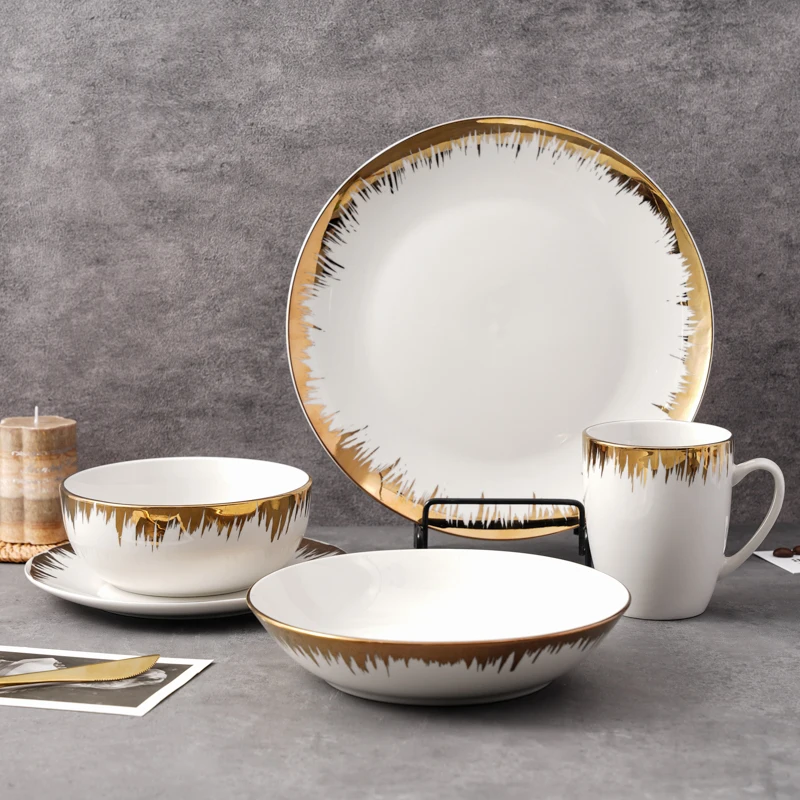 Huilang Porcelain Dinnerware White Gold Plated Ceramic Tableware North American Simple Style Home Kitchen Tableware