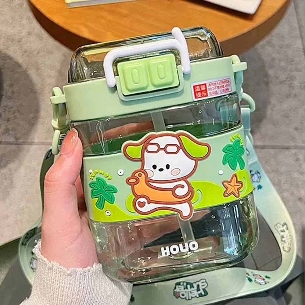 J96 portable strap students plastic water bottle with straw 560ml Cute rabbit cartoon square plastic water bottle for kids