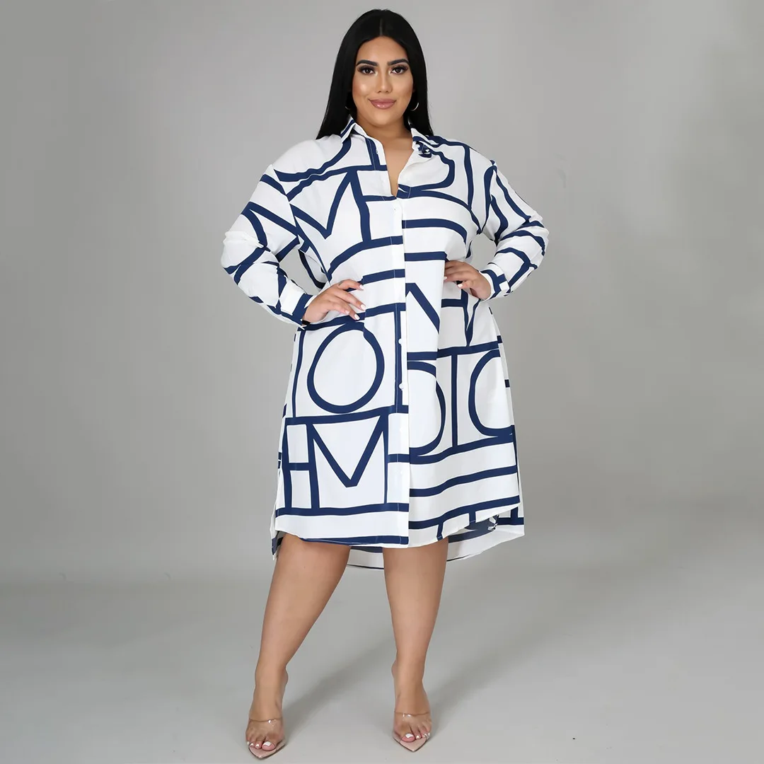 N7255 Best-Selling Plus Size Loose Dresses Women Casual Long Sleeve Striped Printed Shirt Dress For Women