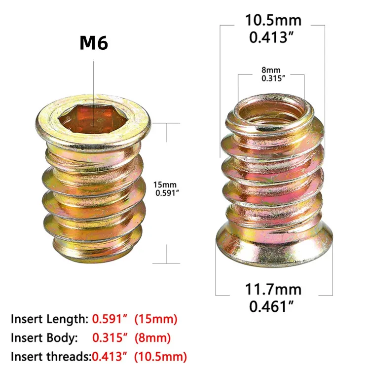 Stainless Steel M6 M8 M10 Drive Brass Wood Furniture Connecting inside Hex insert Nuts with Chicago Screw