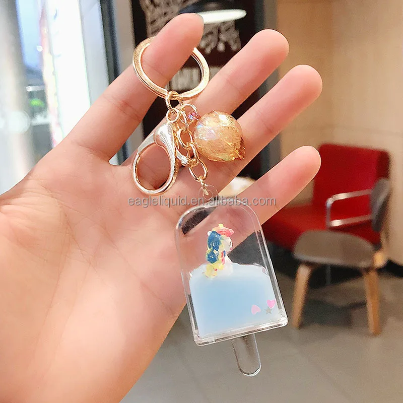 Kawaii Small Ornament Popular Items Cartoon Ice Cream Cute Keychain Floating Liquid Unicorn Keychain