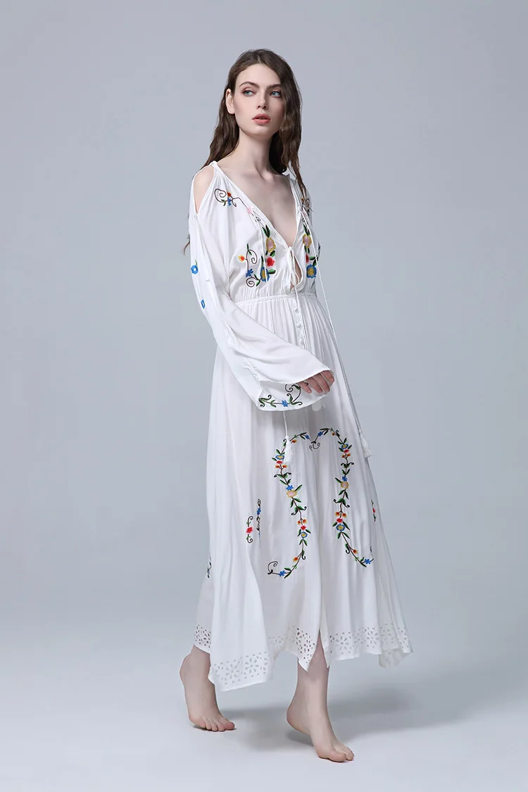 2022 Women's Floral Embroidery Loose Dress Long Sleeve Ruffles Chic Vintage Maxi Dress White Ethnic Party Elegant Dress Vest