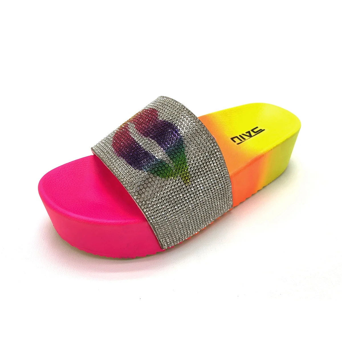 Hot Girl Lip Print High Heel Summer Shoes with Shining Kiss Pattern Diamond Spicy Girl Thick Sole Slippers Soft for Shopping