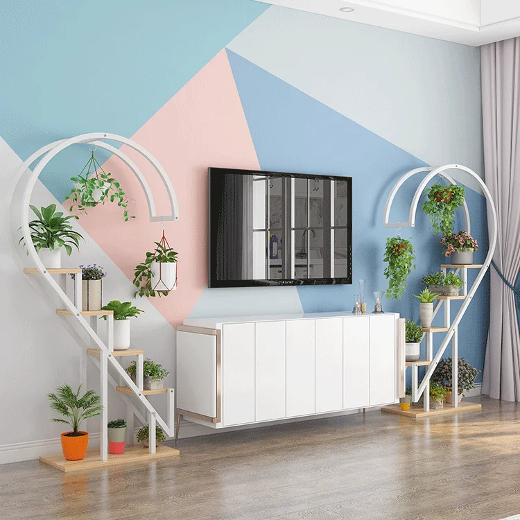 
high quality modern creative heart shaped decorative indoor corner flower pot rack wood vertical plant stand for living room 