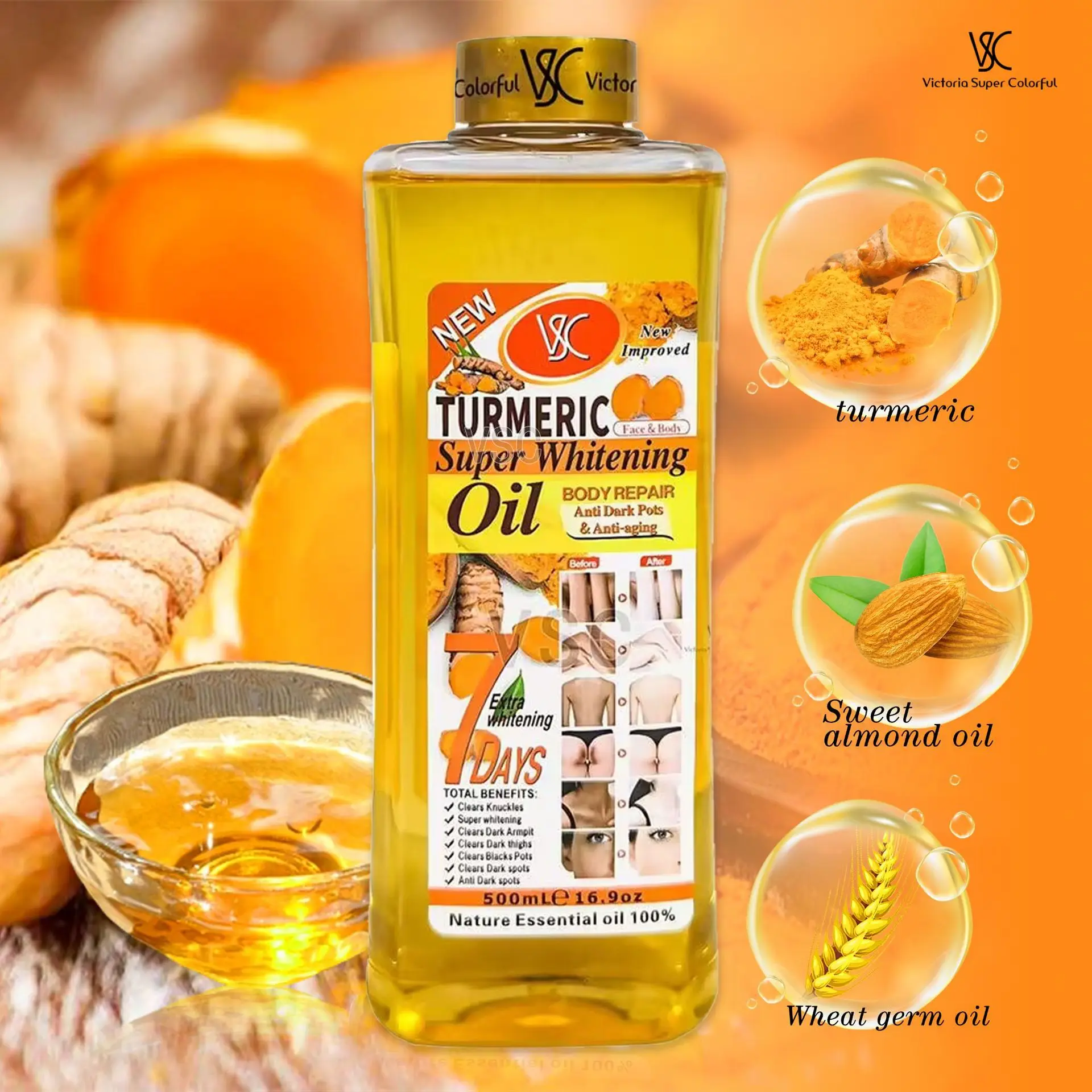 VSC Turmeric almond Massage Oil 7 days Moisturizing Brightening Facial Skin Removing Blackness rose body massage oil 500ml