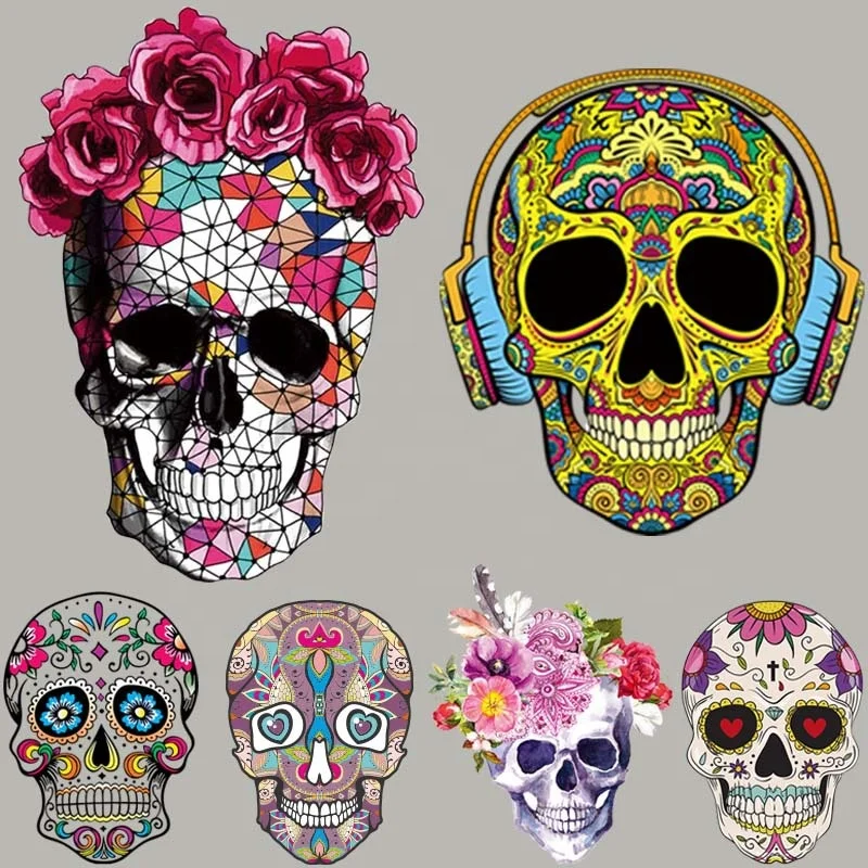 DIY T shirt jeans iron on skull printing vinyl transfer sticker custom heat transfer designs for t shirts