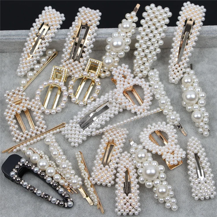 Newest Design Luxury Korean Imitations Pearl Hairclip Round Square Triangle Star Shape Pearl Hair Clips For Women Girl Lady Kids