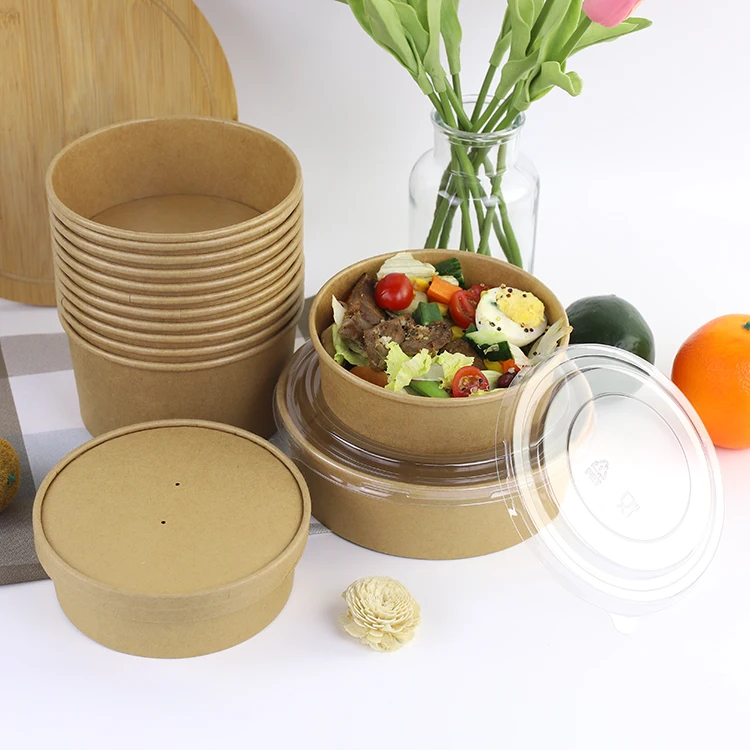 Disposable food container brown kraft paper poke bowl soup salad bowl with lid can be customized