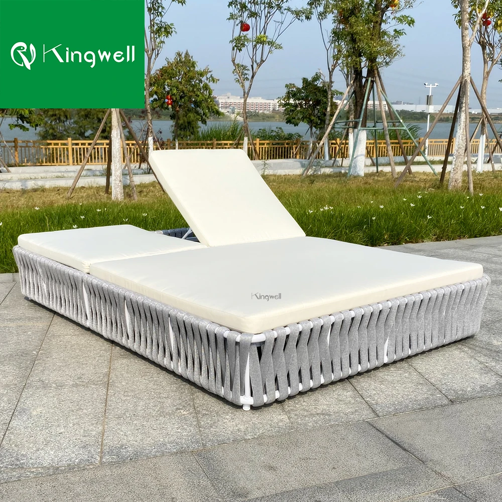 Modern design garden furniture aluminum deck chair hotel patio outdoor rope weaving double sun lounger with wholesale price