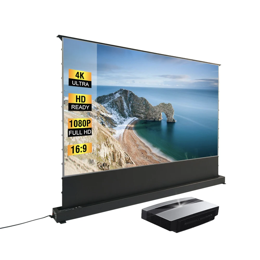 100inch New Anti-Light pull up floor Motorized floor rising screen 4K Short-Throw TV Projectors