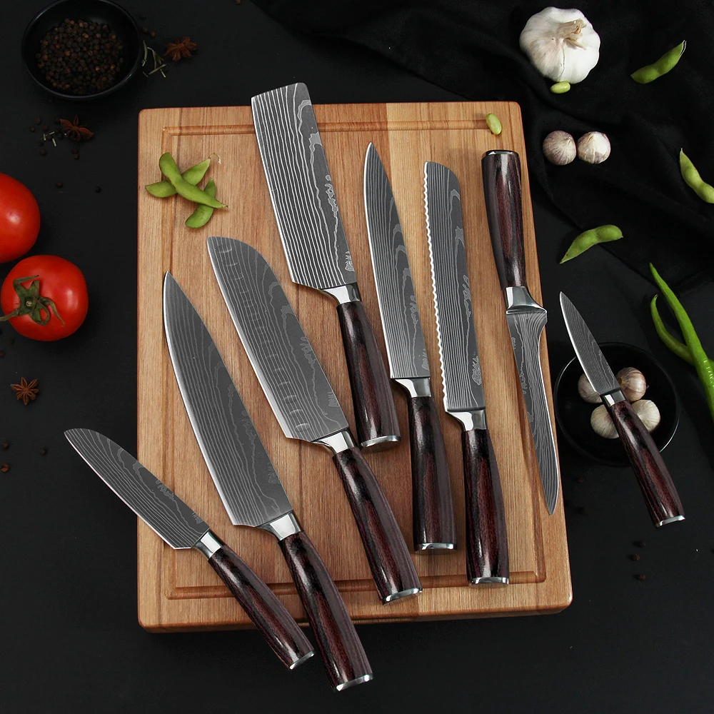 TOALLWIN cuchillo damascus laser pattern kitchen knife block set pakka wood handle knives set japanese chef kitchen knife set
