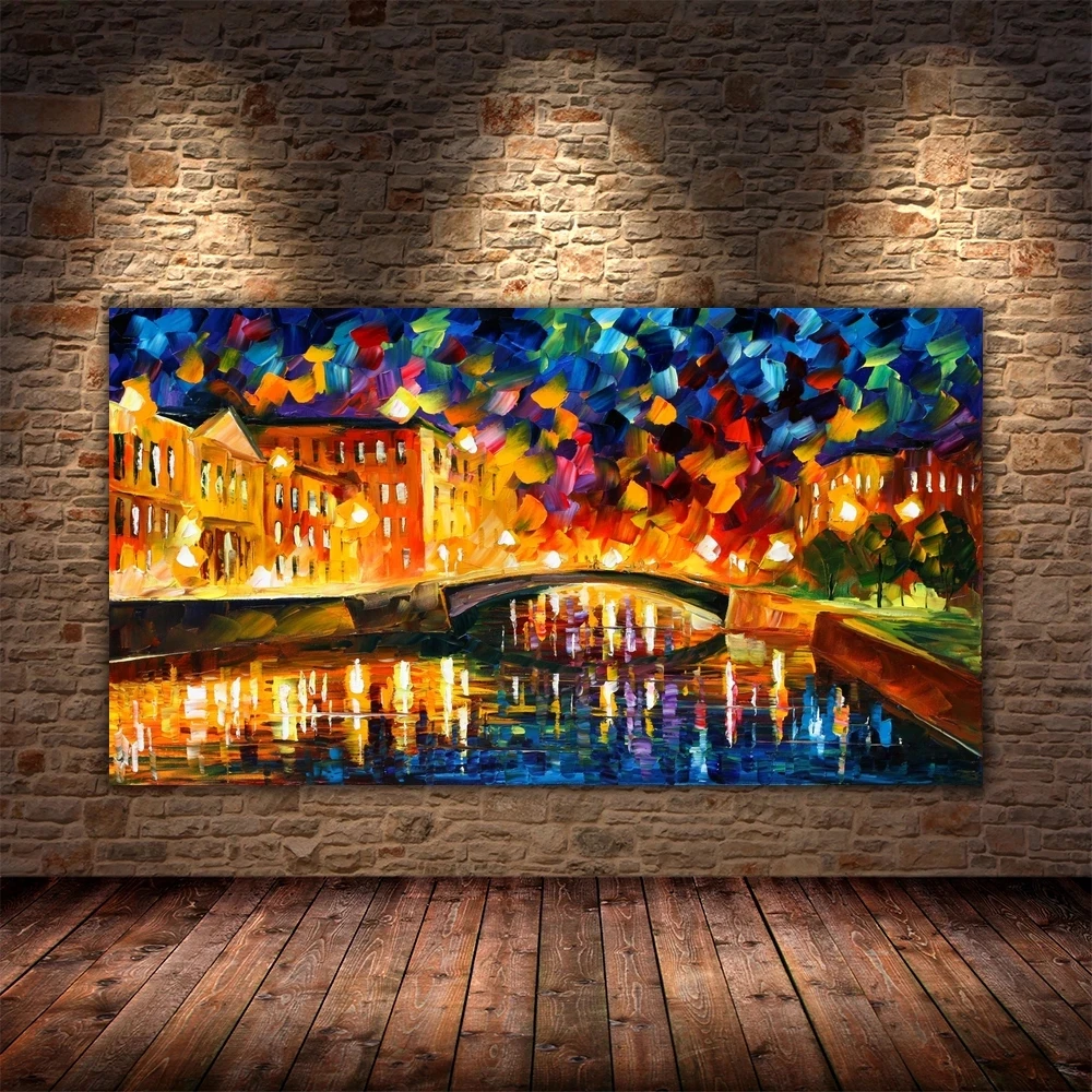 Lover Rain Street Tree Lamp Knife Scenery Oil Painting On Canvas Wall Art Painting For Living Room Home Decor