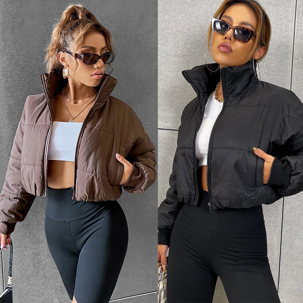 Wholesale Black Cropped Puffer Jacket Womens Puff Coats Slant Pocket Zipper Drop Shoulder Crop Puffer Coat For Ladies