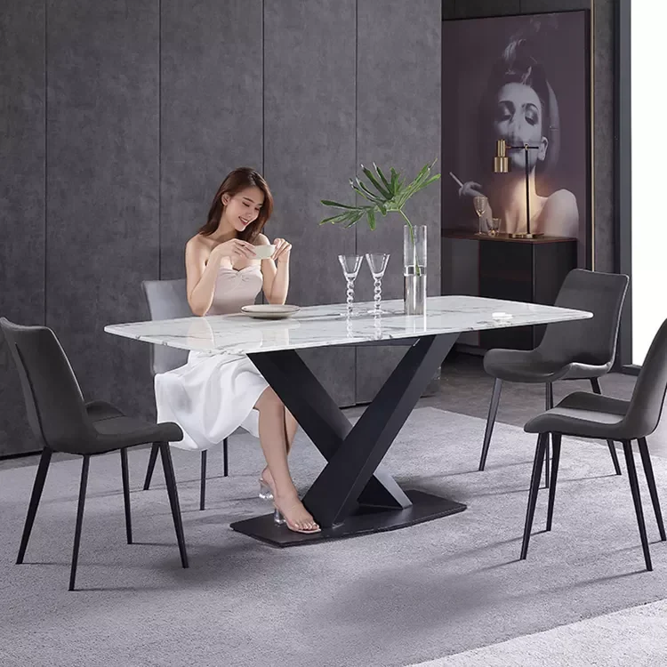 Dining Table with Stainless Steel Frame Luxury Dinning Table Set Modern Marble Dining Room Rectangle Table