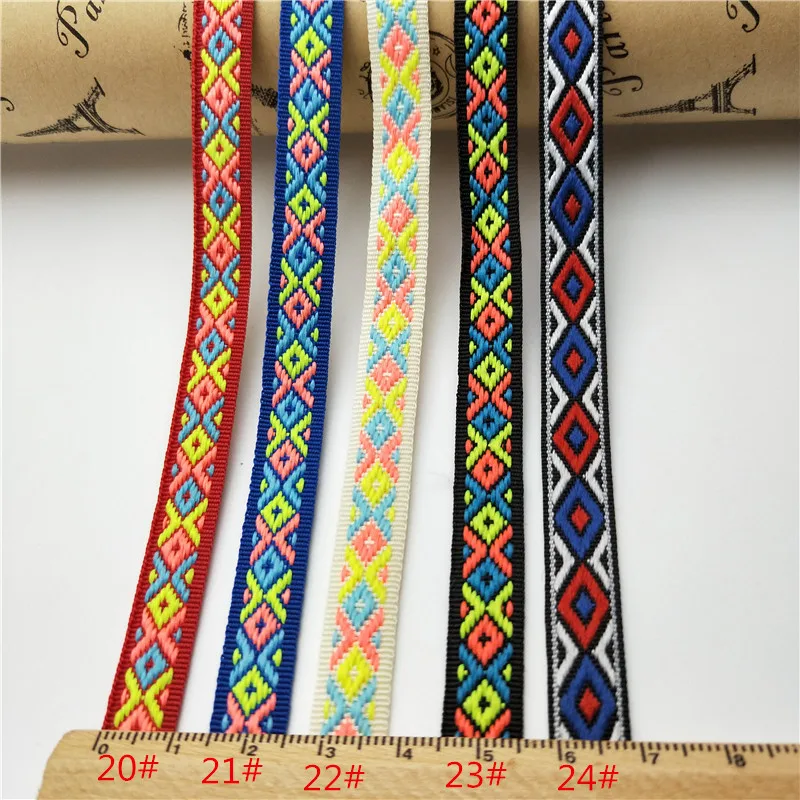 REWIN Cloth Decoration DIY 1cm Floral Embroidery Ribbon Strap Trim 10mm Wide Ethic Rhombus Woven Jacquard Ribbon Webbing
