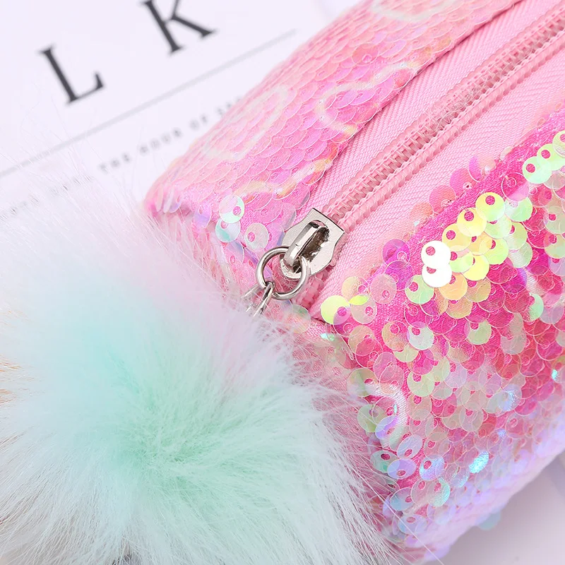 Student candy color sequin cartoon pencil case stationery storage bag laser plush pencil case wholesale